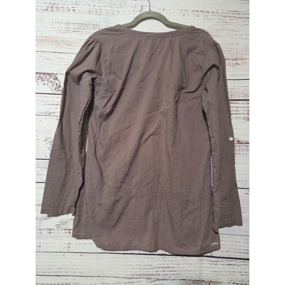 Prana Womens Brown Embroidered Cotton Tunic Top Long Sleeve Roll Tab Boho M - Picture 2 of 8